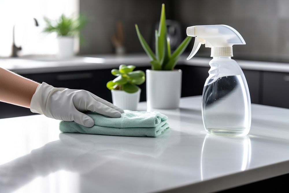 Cleaning home table sanitizing kitchen table surface with disinfectant spray bottle washing surfaces with towel and gloves…