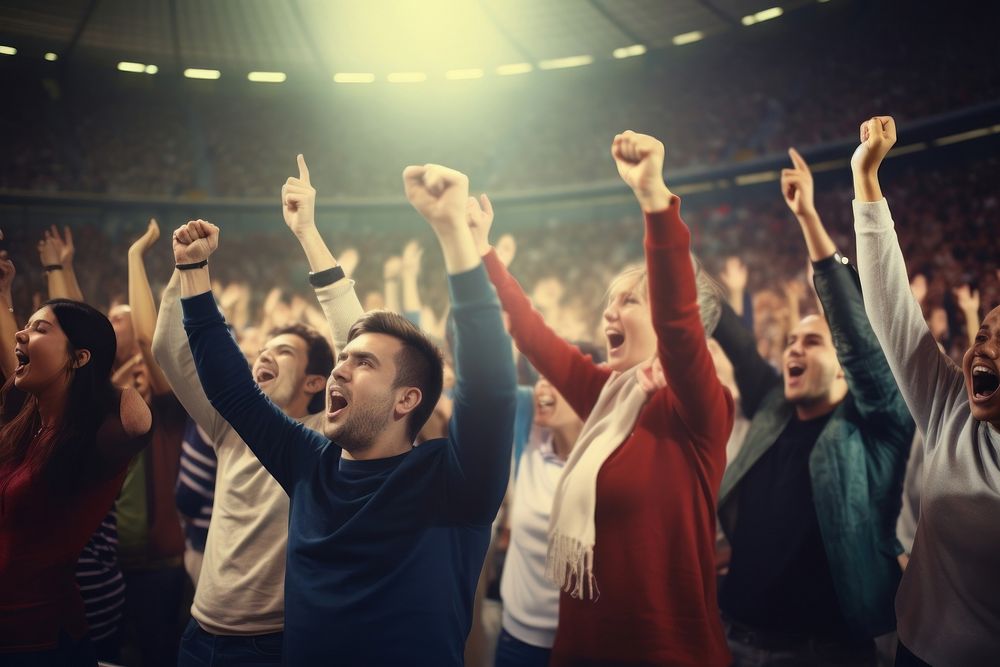 Crowd of sports fans cheering adult togetherness achievement. AI generated Image by rawpixel.