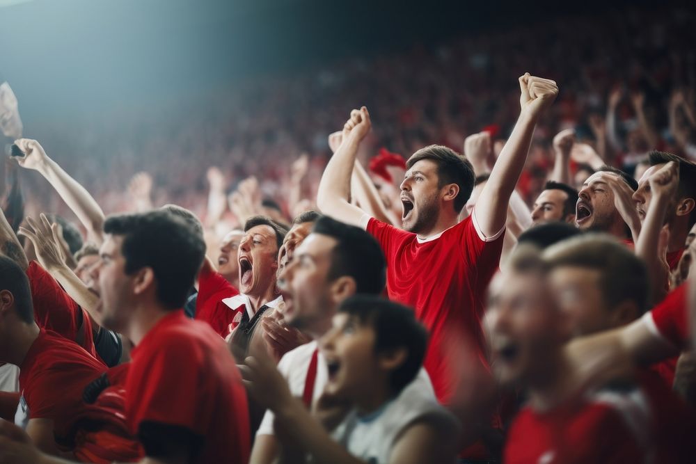 Crowd of sports fans cheering adult togetherness competition. AI generated Image by rawpixel.
