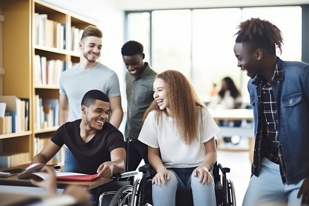 Diverse group of students with young man in wheelchair chatting cheerfully in college library adult togetherness friendship.…