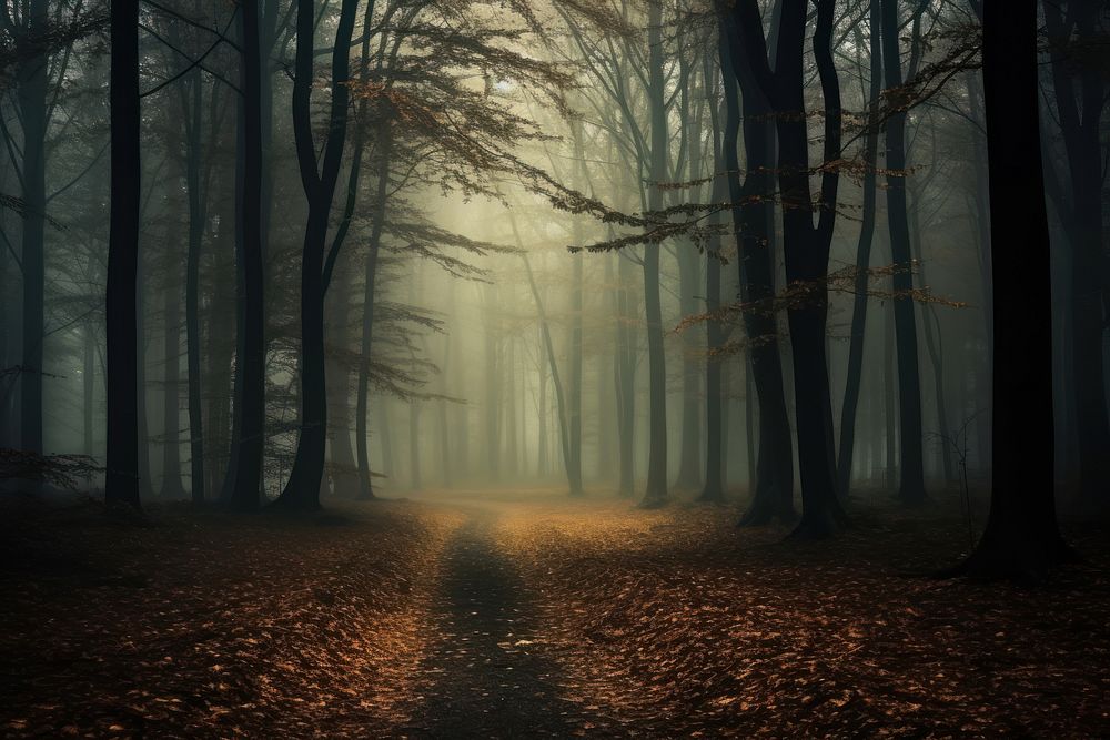Forest and autumnal mist landscape outdoors woodland. AI generated Image by rawpixel.