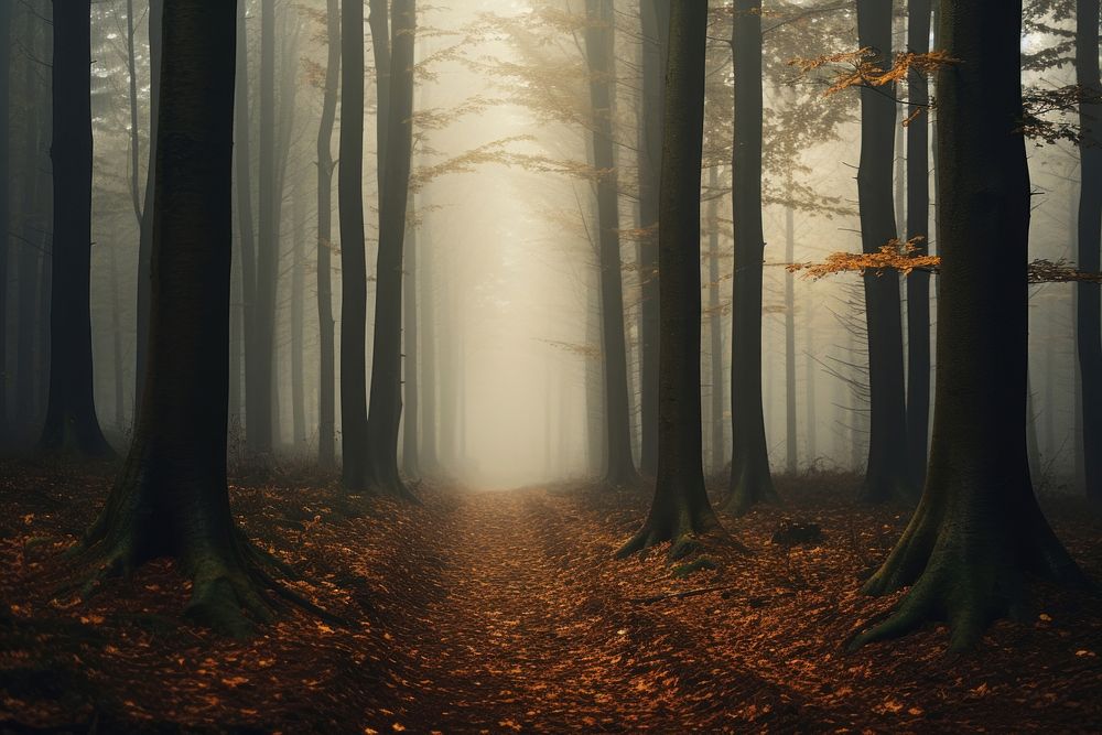Forest and autumnal mist landscape outdoors woodland. AI generated Image by rawpixel.