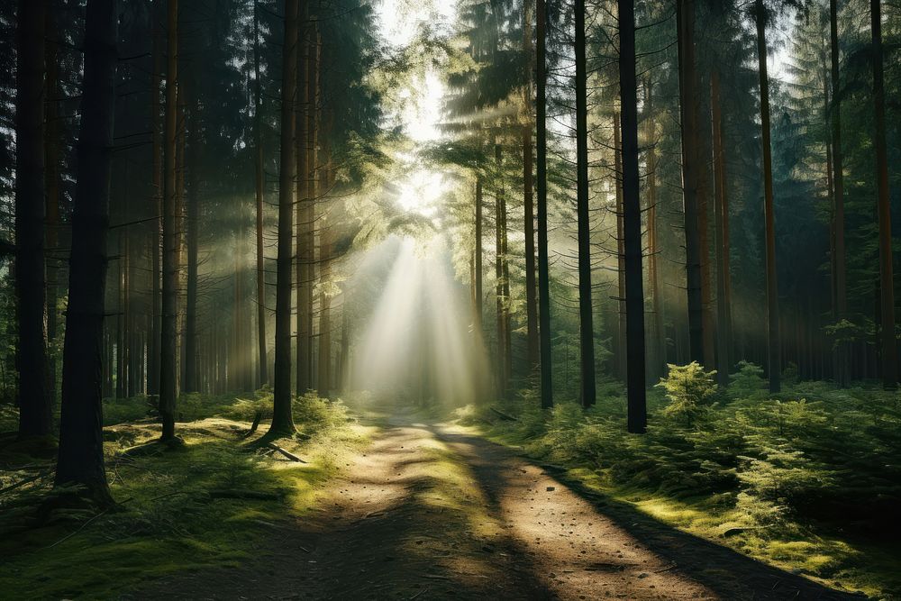 Forest at sunsun with mountain light sunlight outdoors. AI generated Image by rawpixel.