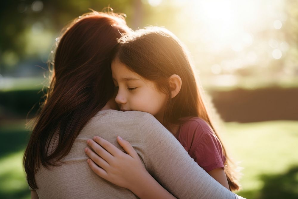 Girl embracing mother in front yard hugging girl affectionate. AI generated Image by rawpixel.