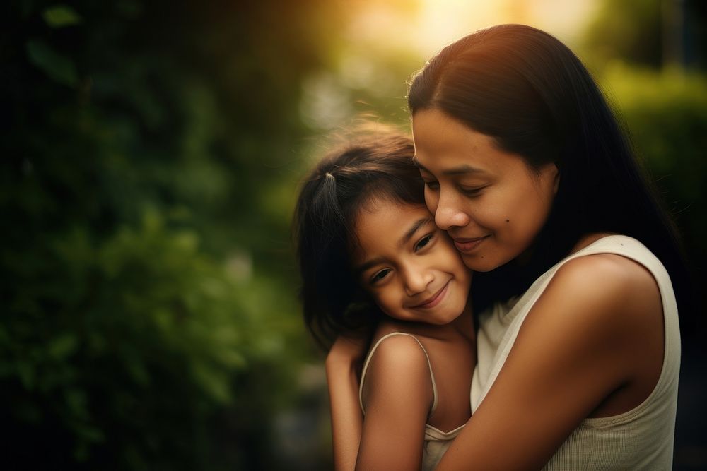 Girl embracing mother in front yard portrait hugging child. AI generated Image by rawpixel.