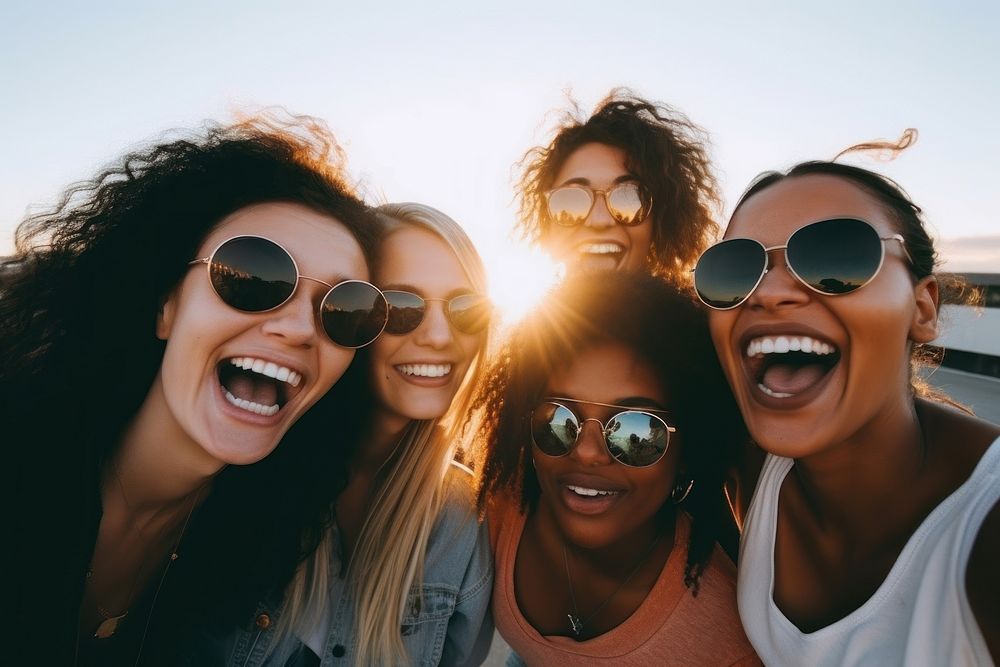 Group of friends having fun sunglasses laughing selfie. AI generated Image by rawpixel.