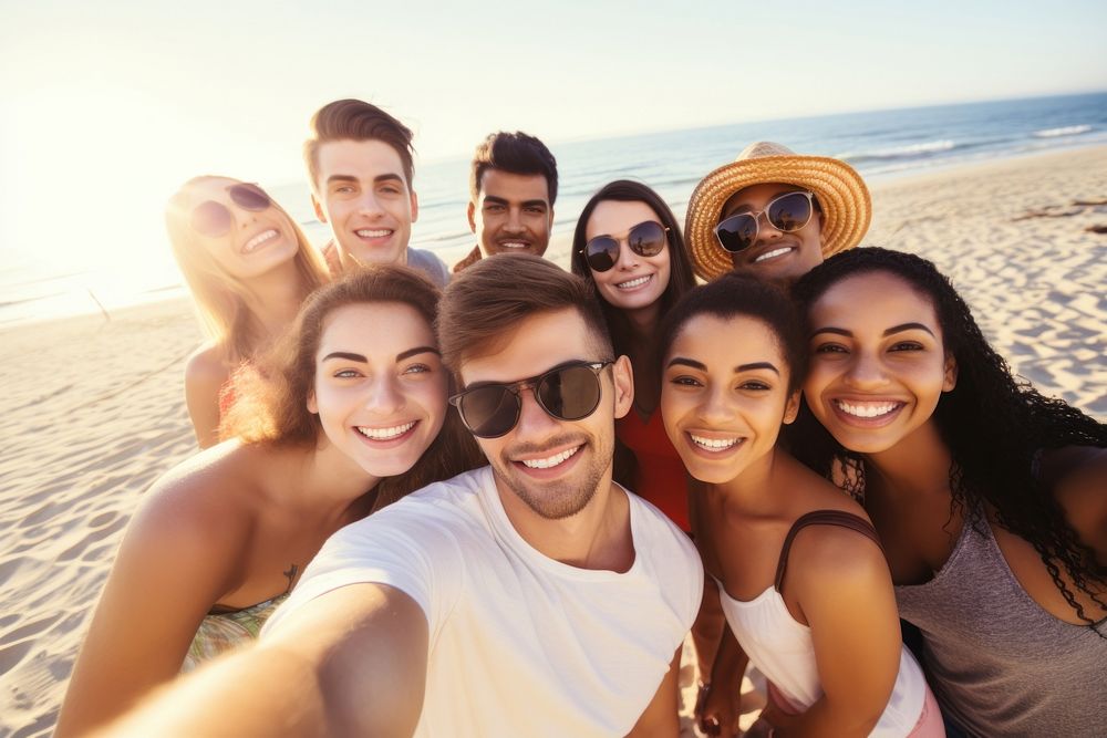 Group of friends taking selfie on sunny beach laughing portrait outdoors. AI generated Image by rawpixel.