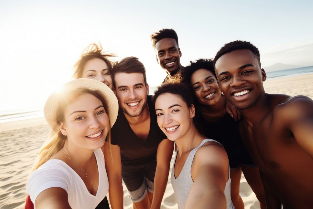 Group of friends taking selfie on sunny beach laughing adult togetherness. AI generated Image by rawpixel.