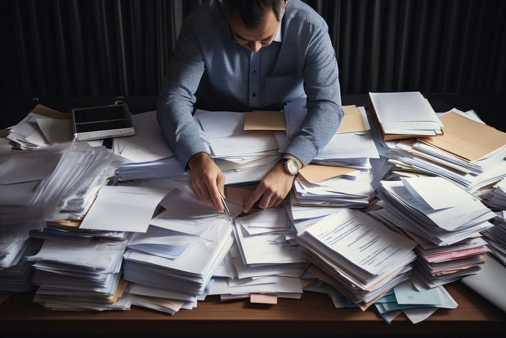 Hand Busy businessman filing paperwork on cluttered desk furniture document table. AI generated Image by rawpixel.