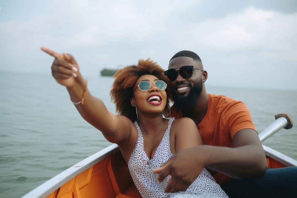 Happy black young couple taking selfie in boat sunglasses portrait outdoors. AI generated Image by rawpixel.