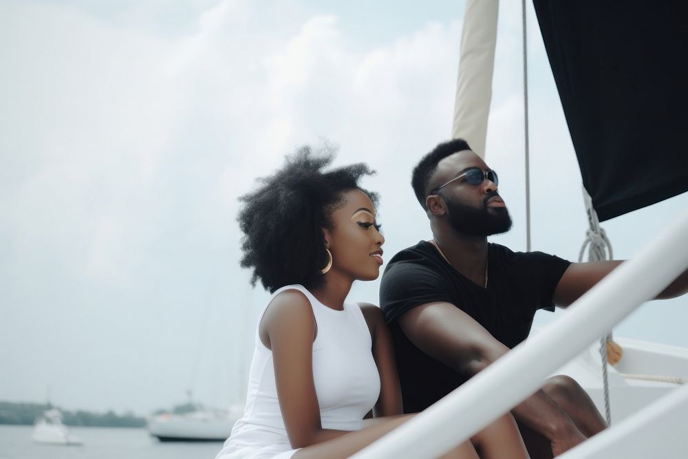 Happy black people young couple sitting on boat deck vehicle travel adult. AI generated Image by rawpixel.