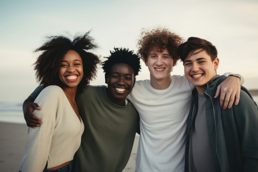 Happy multiracial friends leaning laughing portrait outdoors. AI generated Image by rawpixel.
