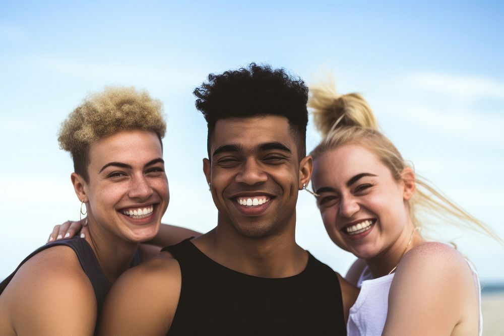 Happy multiracial friends leaning on each other laughing smile adult. AI generated Image by rawpixel.