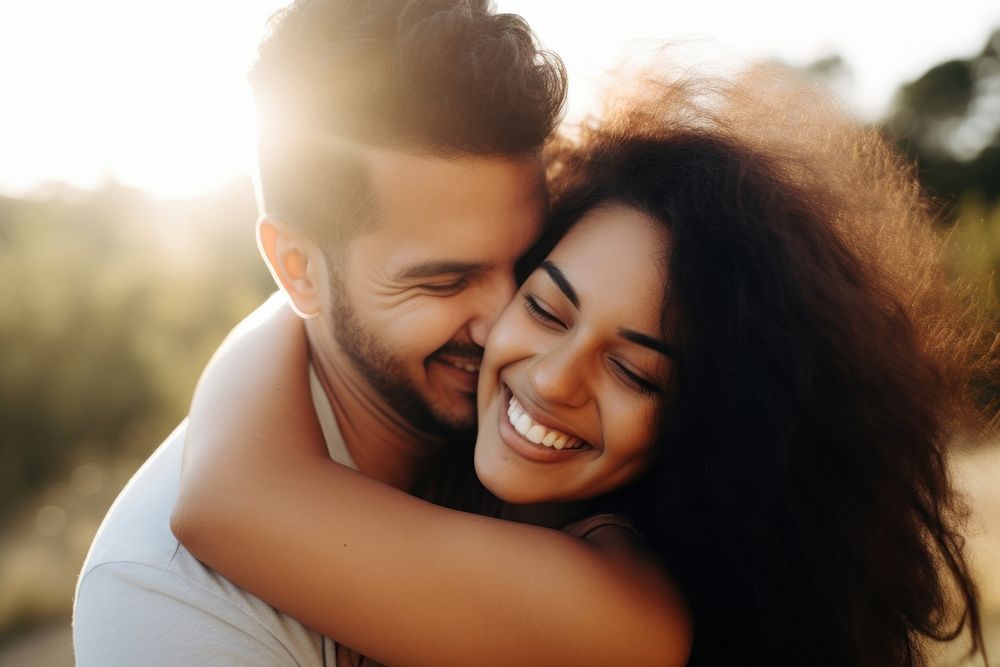 Hispanic Happy couple hugging in morning photography laughing portrait. AI generated Image by rawpixel.