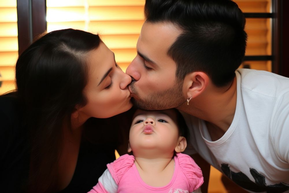Hispanic Parents kissing baby photography portrait parent. AI generated Image by rawpixel.