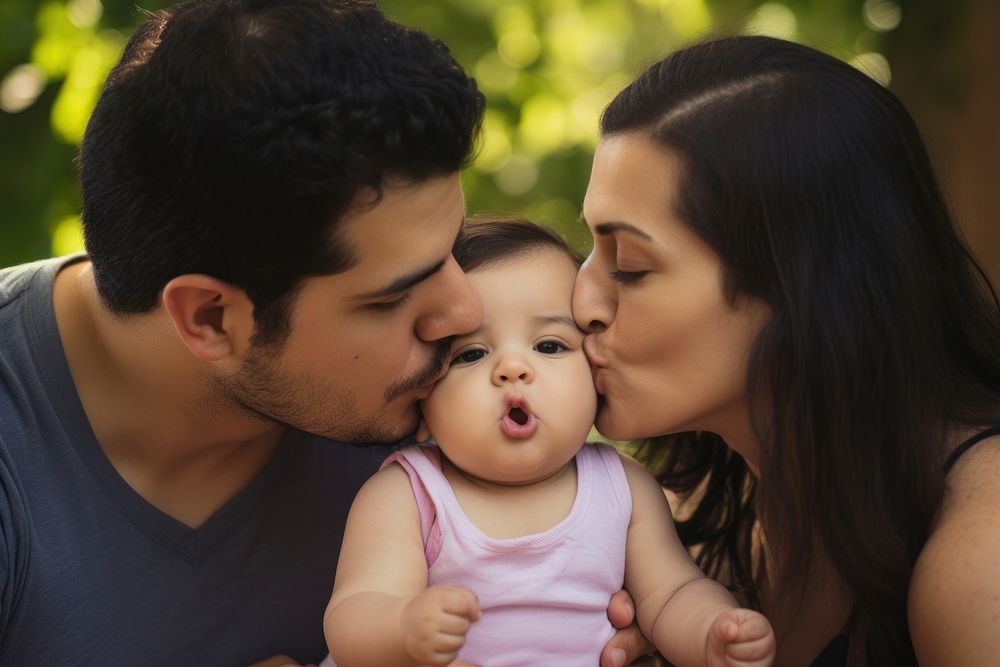 Hispanic Parents kissing baby photography portrait parent. AI generated Image by rawpixel.