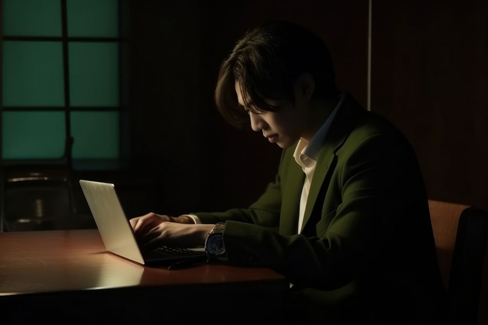 Japanese Businessman typing and replying email by a laptop furniture computer table. AI generated Image by rawpixel.