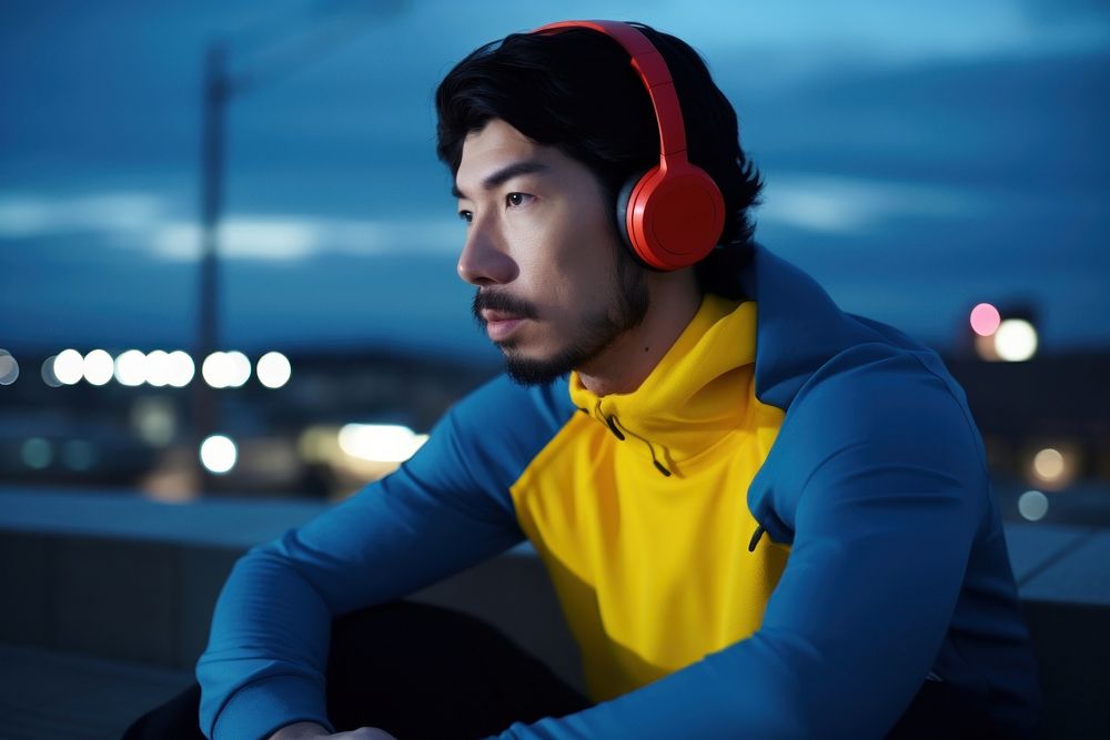Japanese man using smartphone with headphones on rooftop headset adult contemplation. AI generated Image by rawpixel.