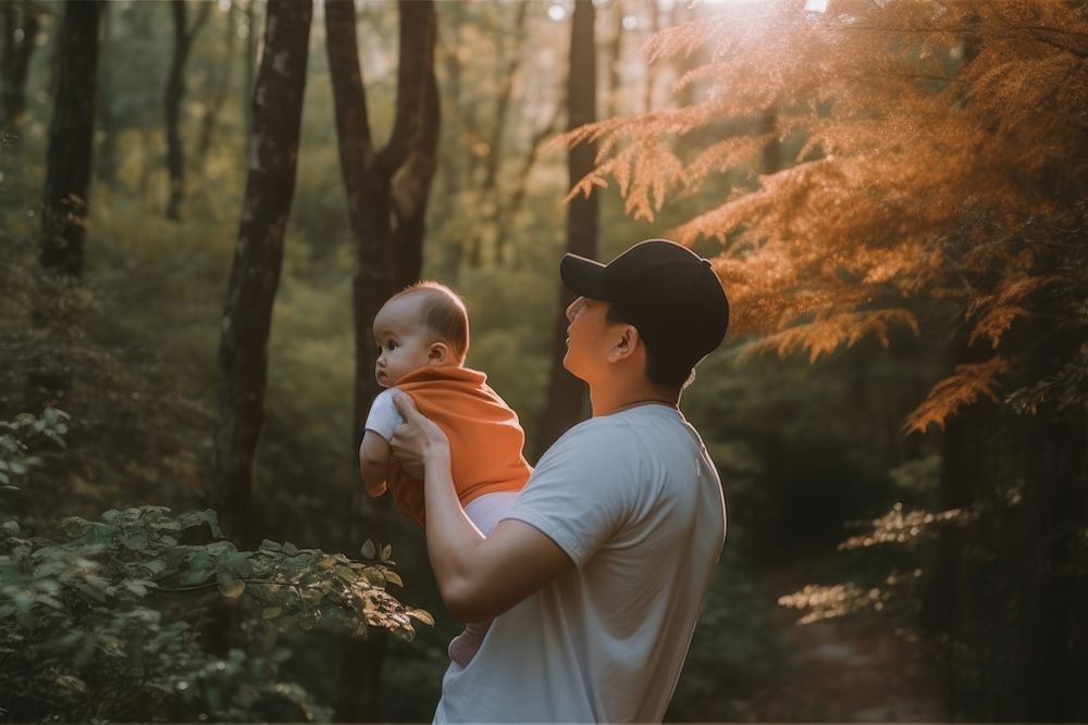 Korean father holding his cute baby outdoors woodland nature. AI generated Image by rawpixel.