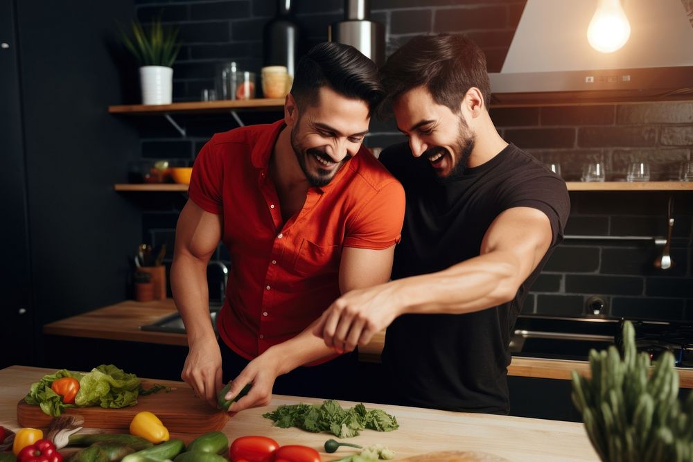 Latinx gay couple having fun while cooking adult food togetherness. AI generated Image by rawpixel.