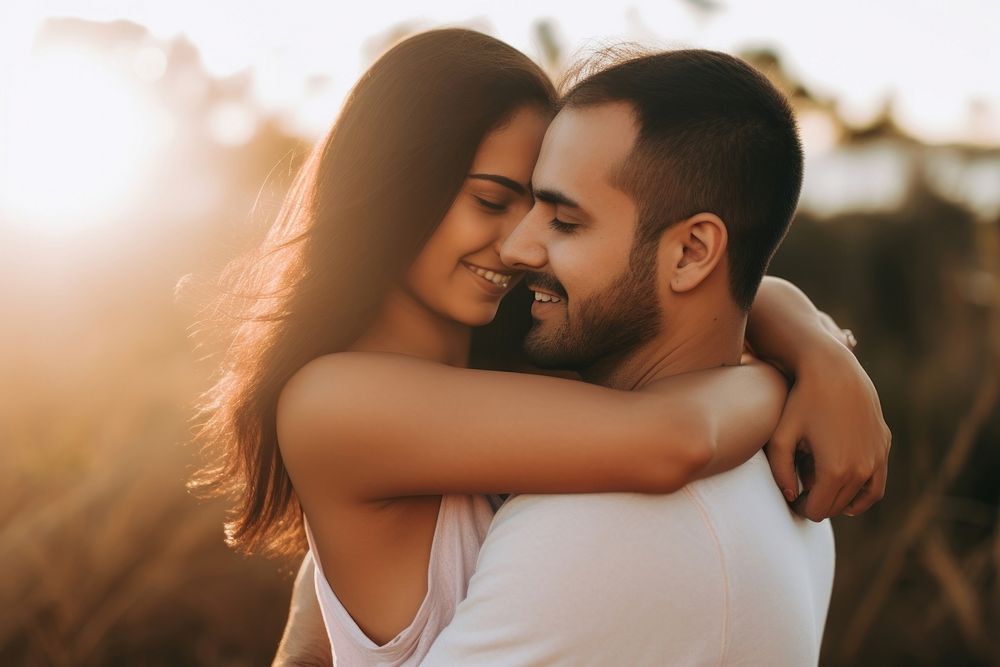 Latinx Happy couple hugging in morning adult affectionate togetherness. AI generated Image by rawpixel.