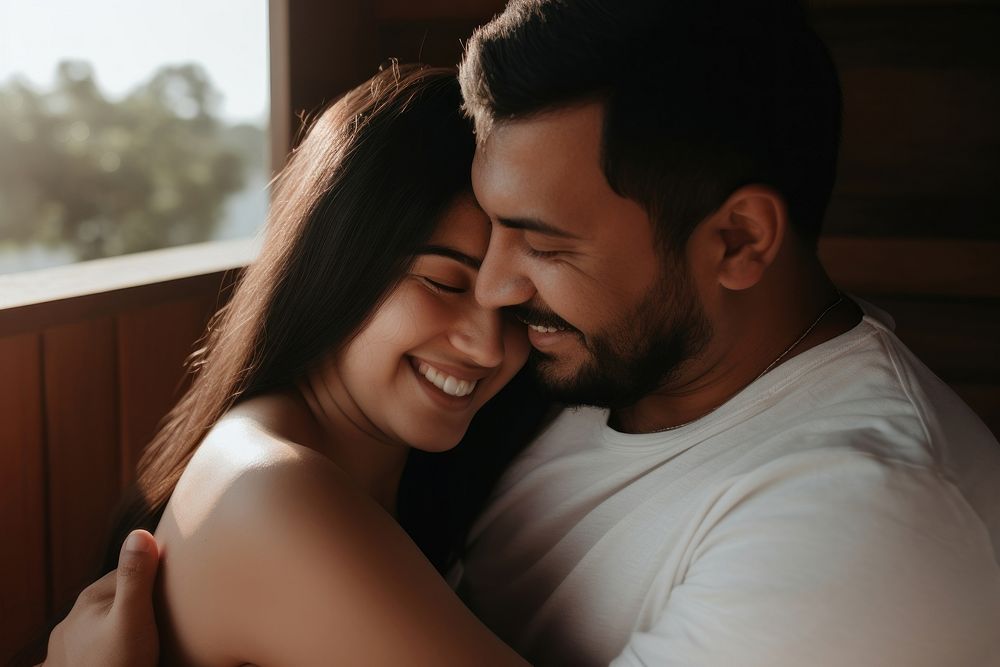 Latinx Happy couple hugging in morning adult happy affectionate. AI generated Image by rawpixel.
