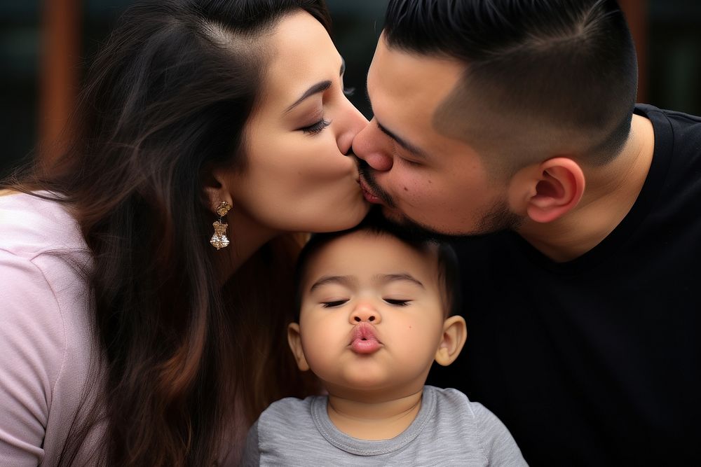 Latinx Parents kissing baby photography portrait parent. AI generated Image by rawpixel.