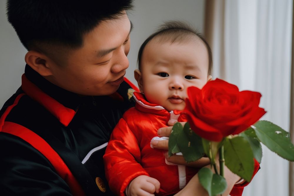 Loving East Asian father with her cute little daughter portrait flower people. AI generated Image by rawpixel.