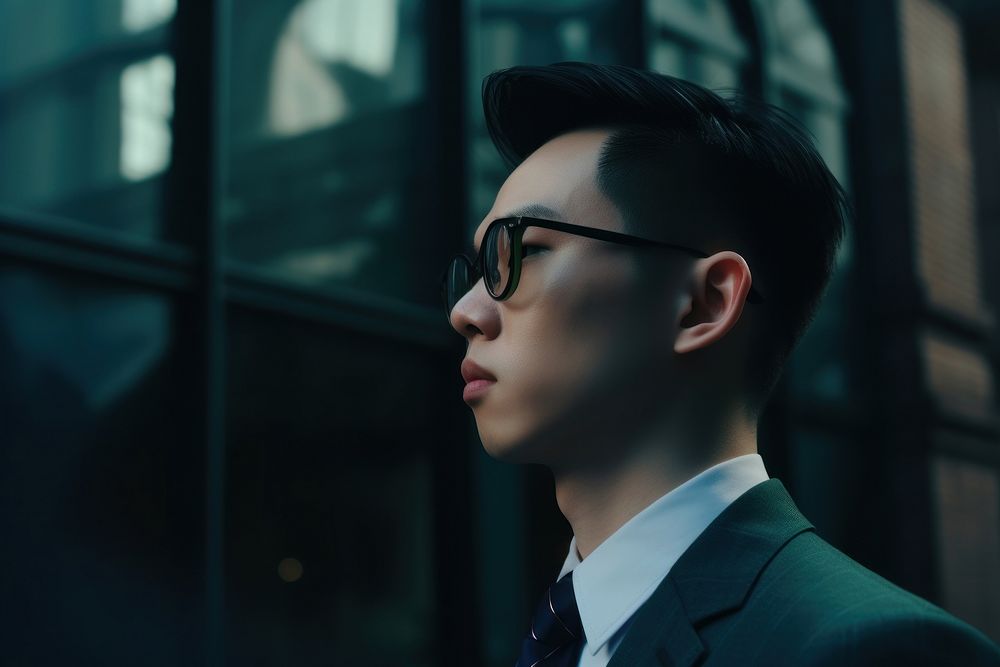 Mature handsome East Asian entrepreneur glasses tie contemplation. AI generated Image by rawpixel.