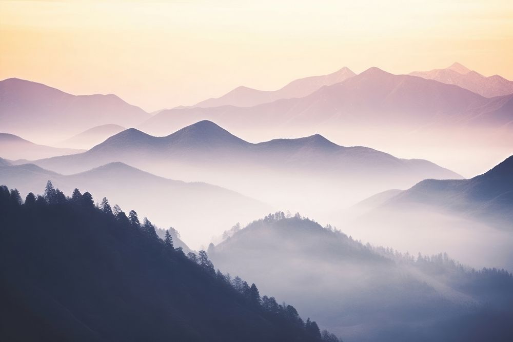 Misty mountain range colourful landscape outdoors nature. AI generated Image by rawpixel.