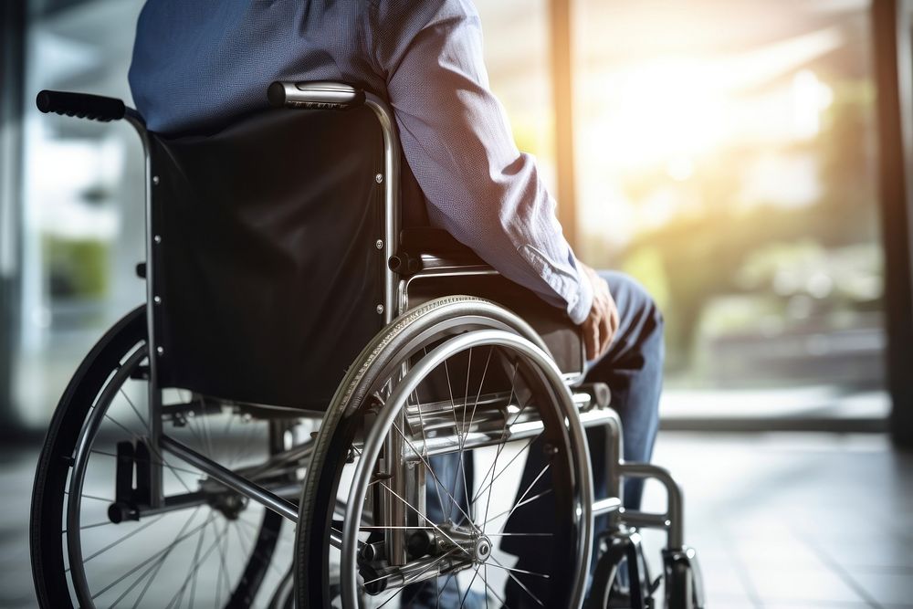Paraplegic patient sitting in wheelchair receiving care bicycle adult transportation. AI generated Image by rawpixel.
