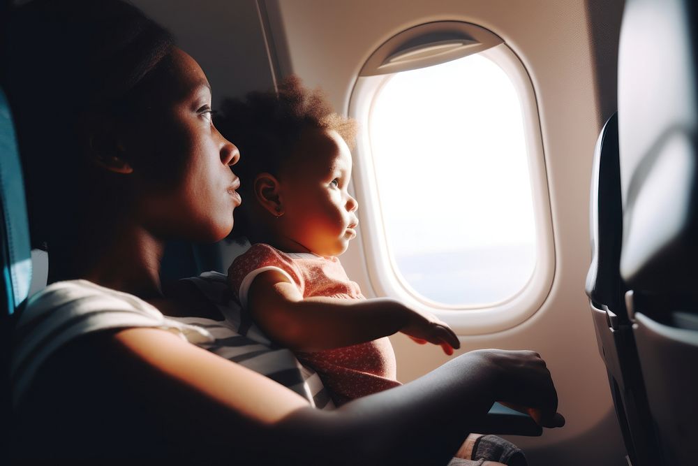 Passengers black women and children traveling on planes window adult togetherness. AI generated Image by rawpixel.