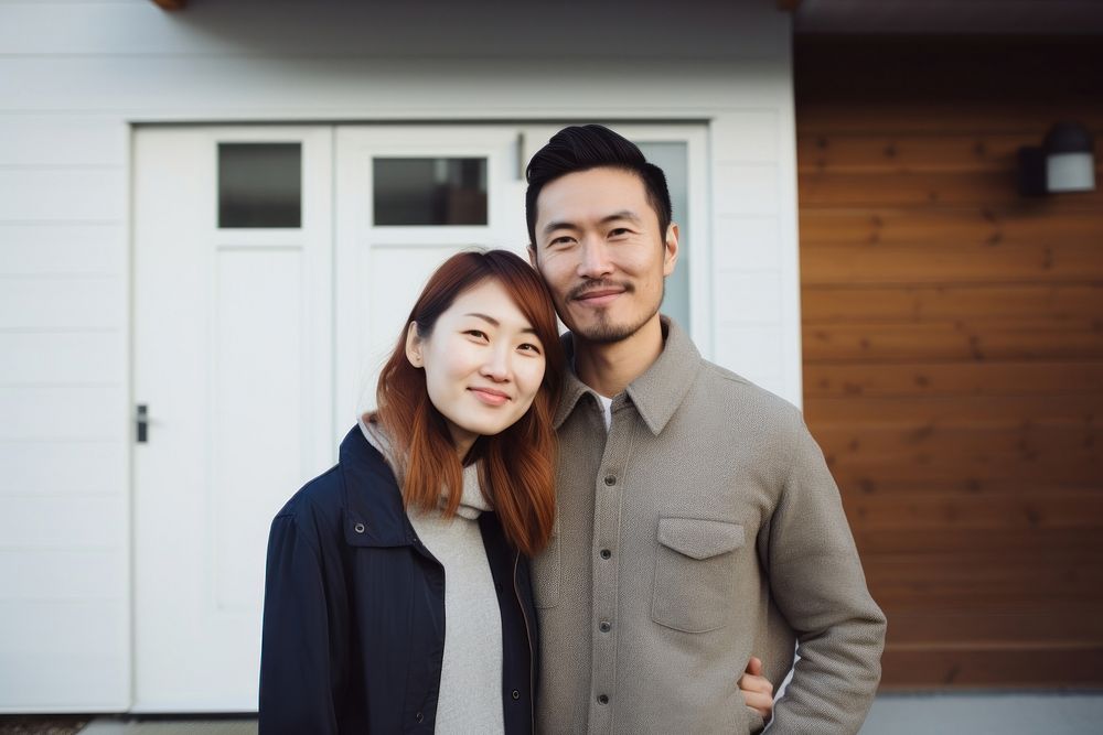 Portrait of young couple in front of new home portrait smile adult. AI generated Image by rawpixel.