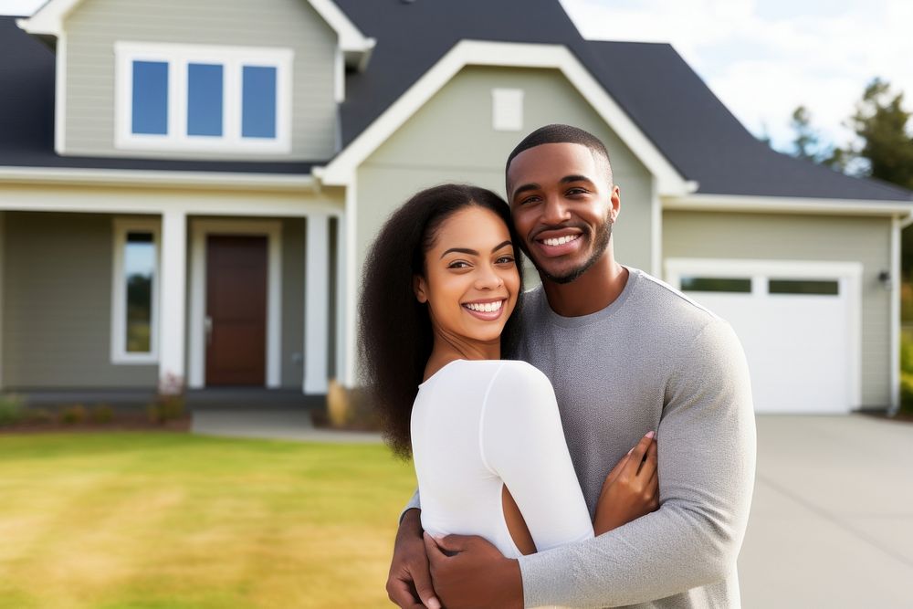 Portrait of young couple in front of new home portrait adult affectionate. AI generated Image by rawpixel.