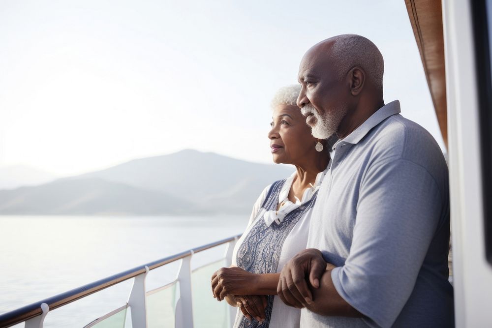 Senior black Couple Standing on Deck on a Boat Looking at the View standing looking travel. AI generated Image by rawpixel.