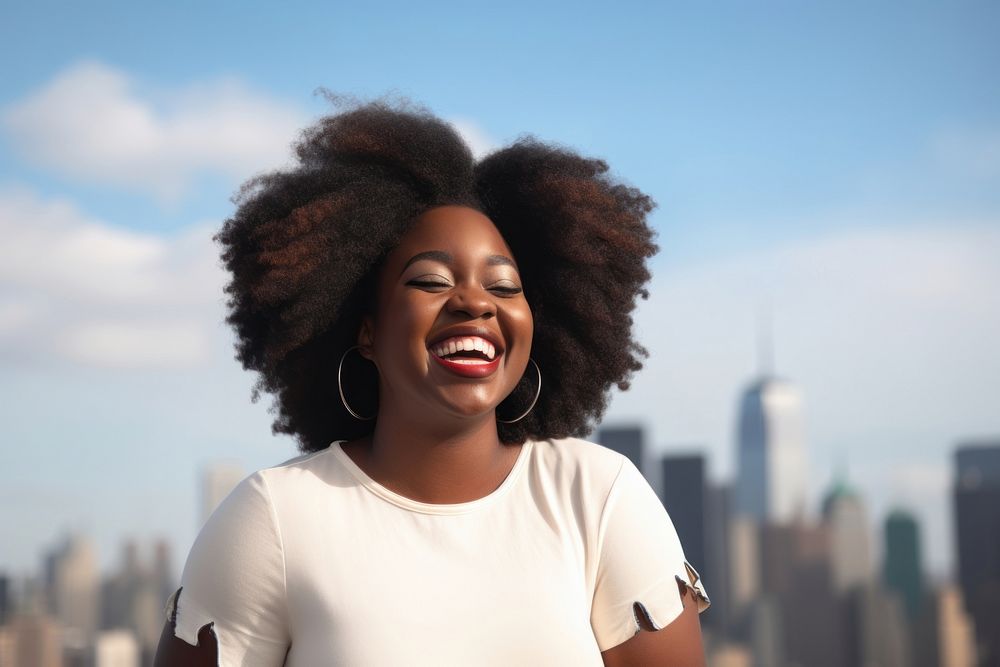 Smiling black woman with Manhattan skyline laughing travel smile. AI generated Image by rawpixel.