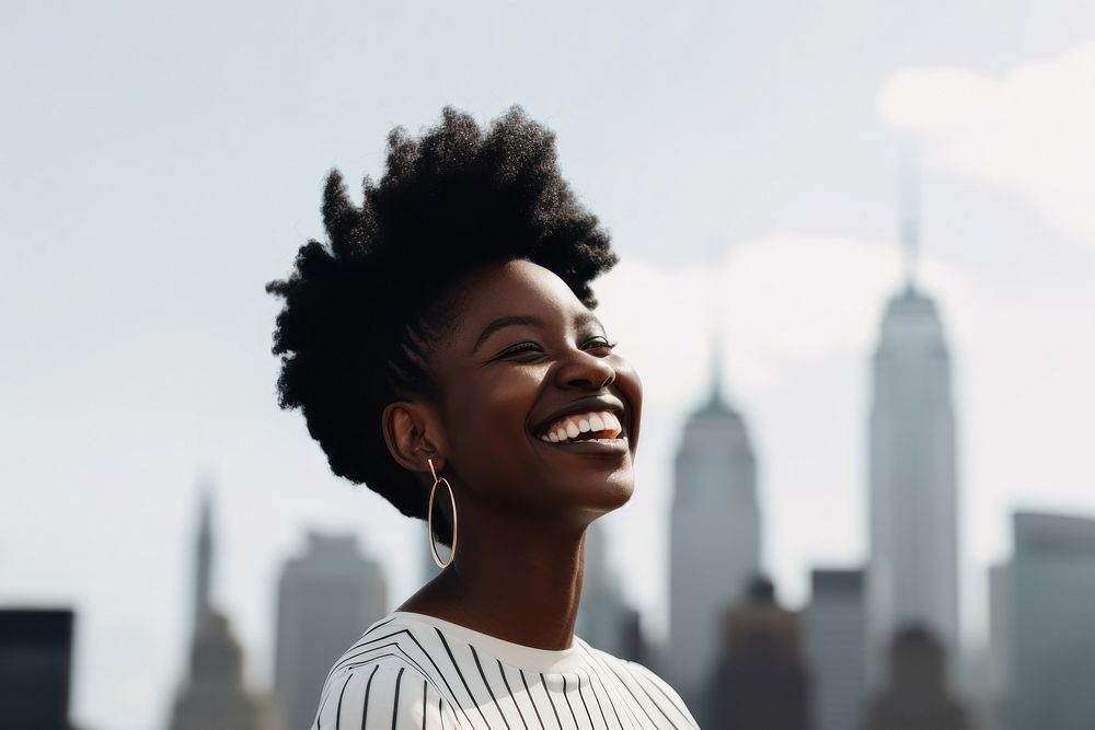 Smiling black woman with Manhattan skyline travel adult smile. AI generated Image by rawpixel.