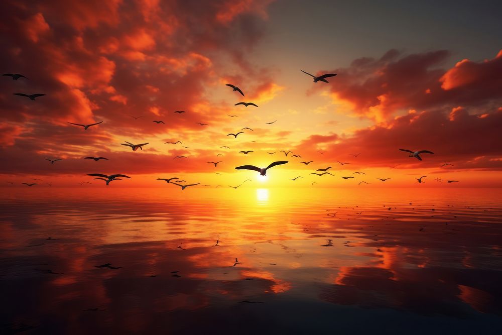 Sunset with fly birds outdoors horizon nature. AI generated Image by rawpixel.