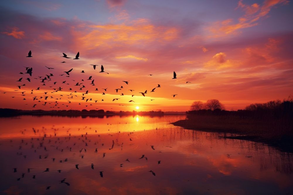 Sunset with fly birds landscape outdoors nature. AI generated Image by rawpixel.