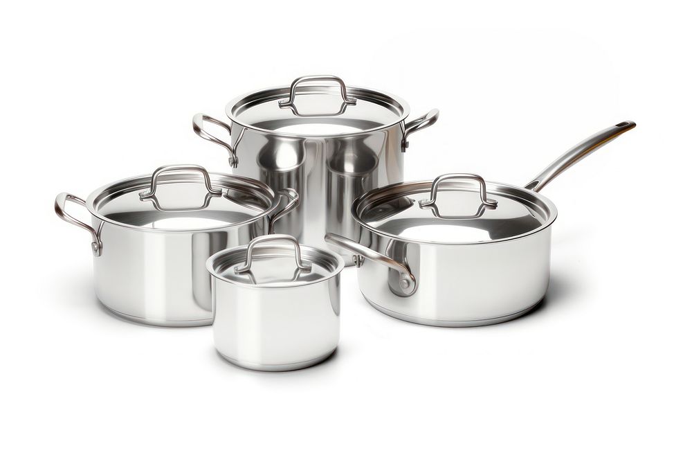 Cooking silver pans white background saucepan cookware. AI generated Image by rawpixel.