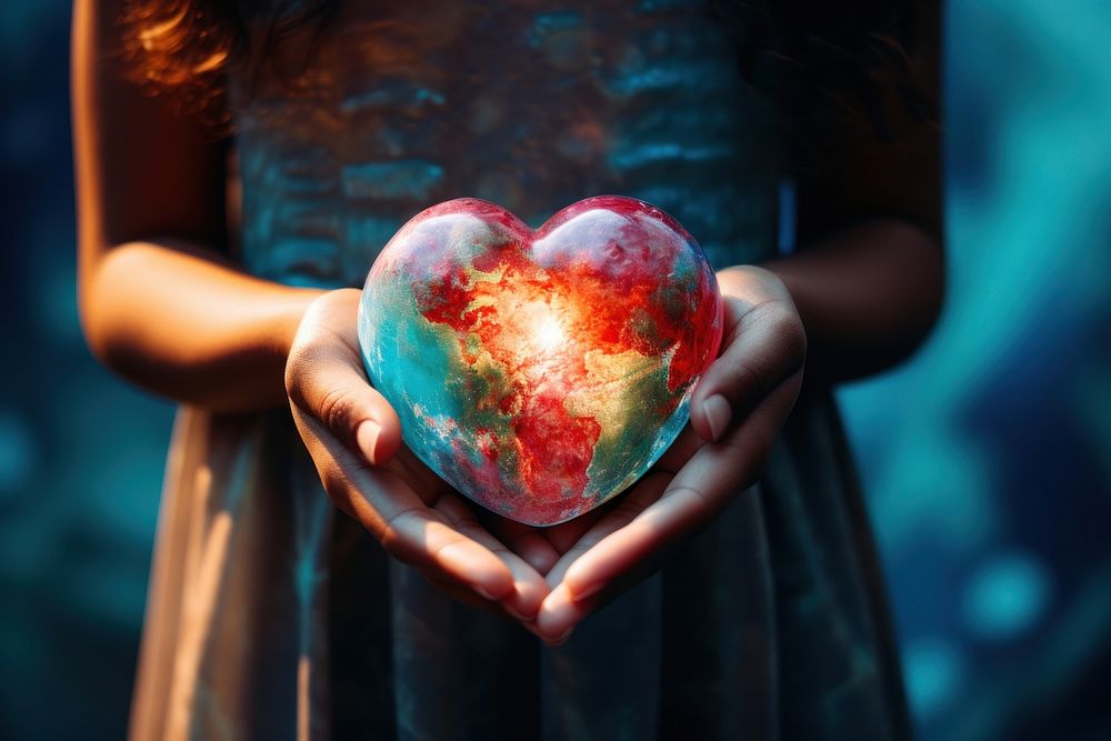 Hand holding big heart earth celebration creativity midsection. AI generated Image by rawpixel.