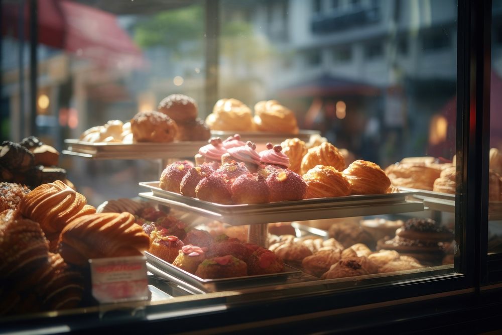 Pastries in a bakery window bread food. AI generated Image by rawpixel.