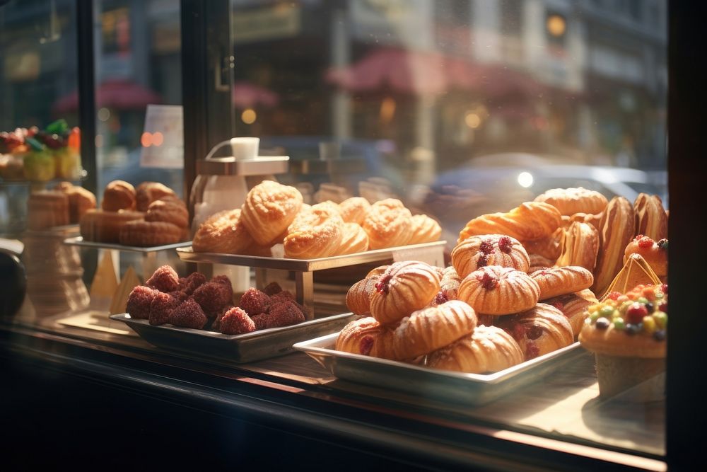 Pastries in a bakery window bread food. AI generated Image by rawpixel.
