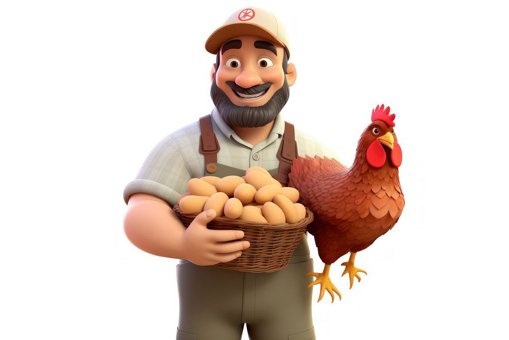 Farmer holding a chicken cartoon white background agriculture. AI generated Image by rawpixel.