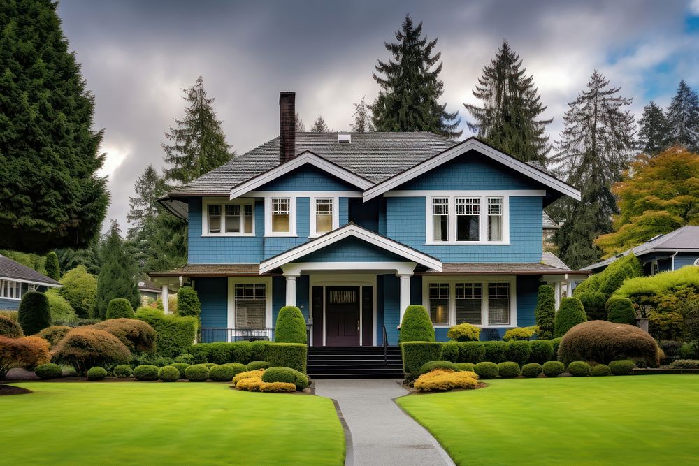 Grey house with blue trim architecture building outdoors. AI generated Image by rawpixel.