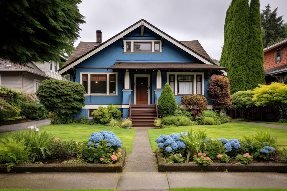 House with blue trim yard architecture outdoors. 