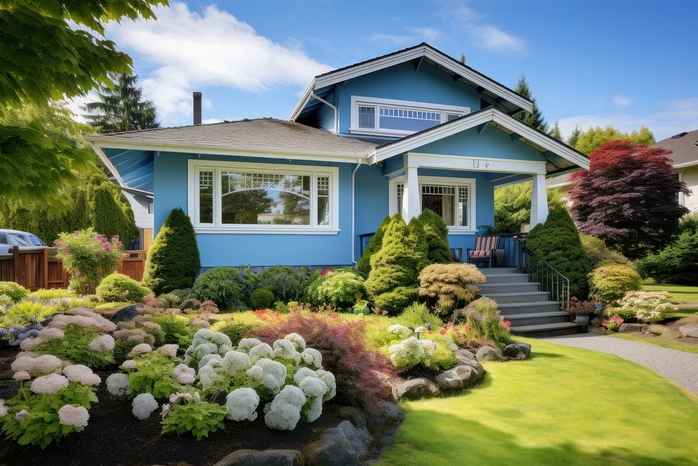 A house with blue trim yard architecture outdoors. 