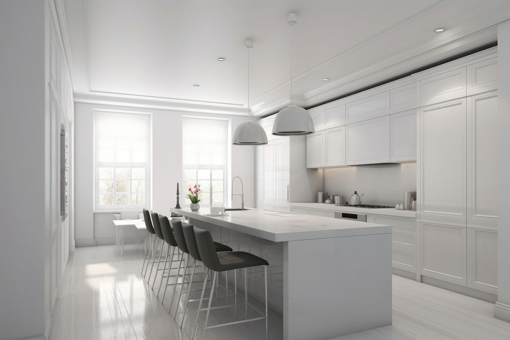 White kitchen room architecture furniture building. AI generated Image by rawpixel.