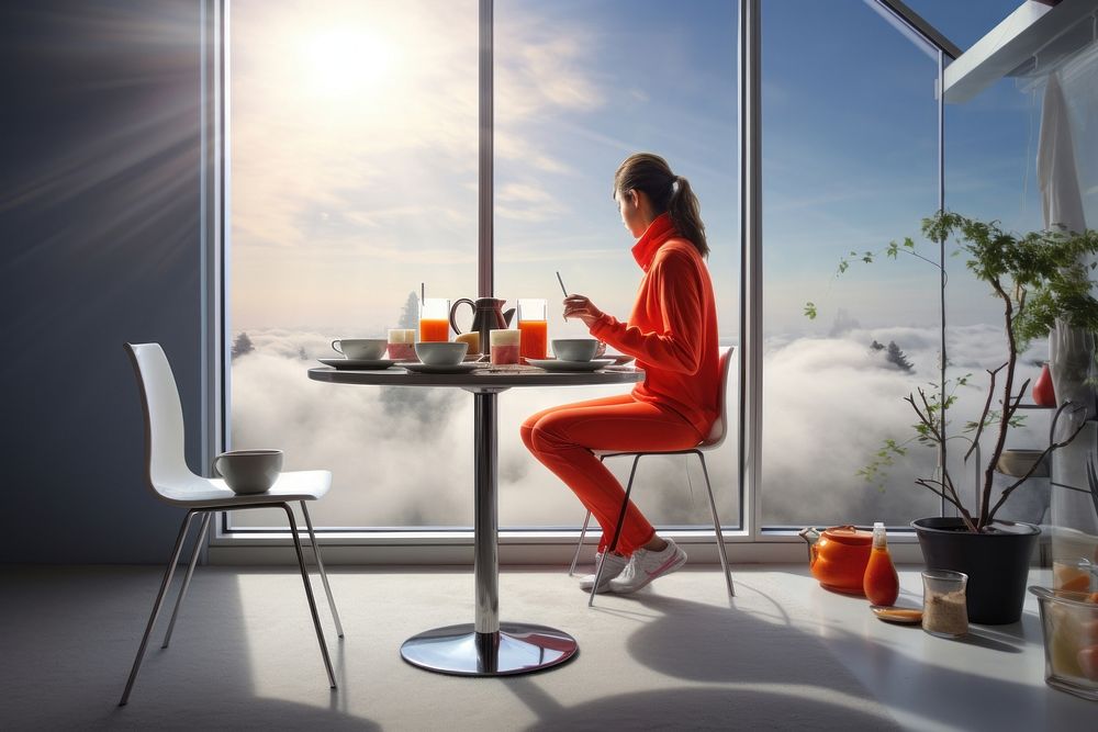 Woman having a breakfast after morning exercise architecture furniture sitting. AI generated Image by rawpixel.