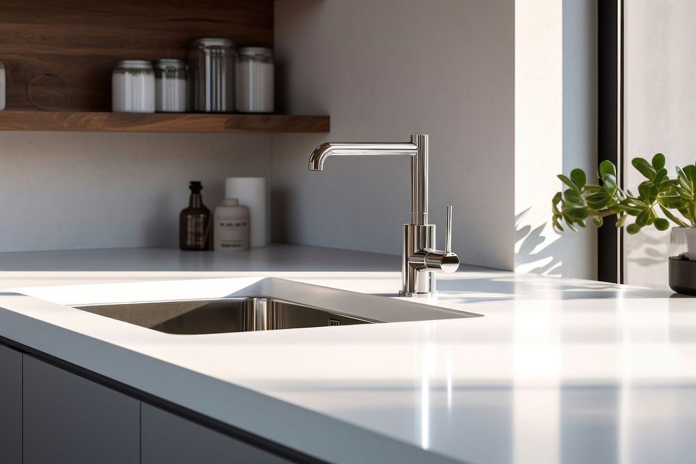 White counters with sink kitchen tap architecture. AI generated Image by rawpixel.